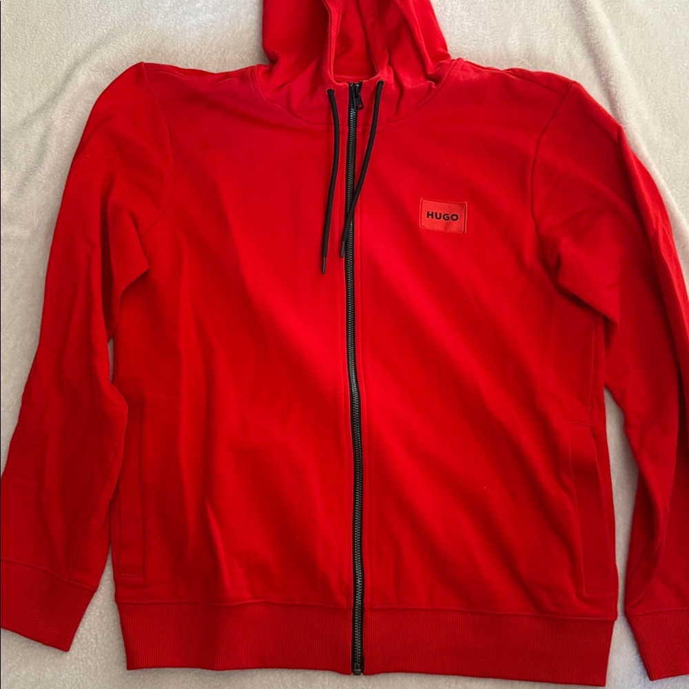 Mens Hugo Boss Red Zip Up Sweatshirt Stretch Cotton Hoodie Size Large - NEW* - Picture 2 of 8